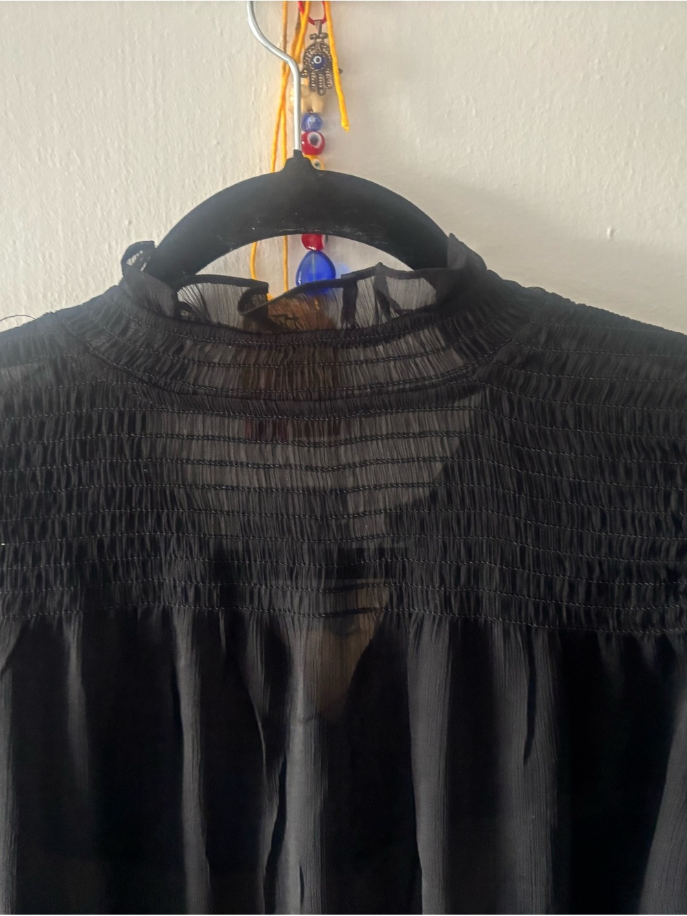 BCBG Sheer Black Ruffle-Trim High Neck Blouse - Picture 3 of 7